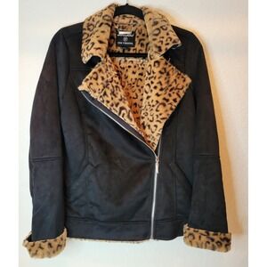 Women's Cheetah Print Faux Fur Trim Vegan Moto Jacket Size S